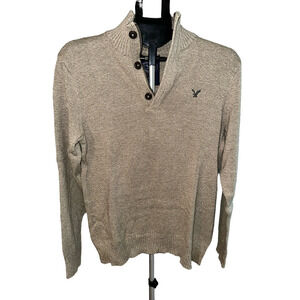 MENS AMERICAN EAGLE BEIGE GRAY LONG SLEEVE QUARTER ZIP SWEATER ATHLETIC FIT